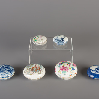 Six Chinese blue and white and famille rose seal paste boxes, 19th and 20th C.