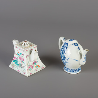 A Chinese peach shaped blue and white teapot and a quadrangular famille rose teapot and cover, 19th C.
