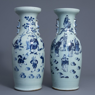 Two Chinese blue and white celadon ground vases with figures, 19th C.