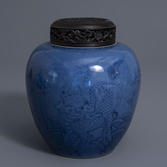 A Chinese blue ground ginger jar with two qilins, 19th/20th C.
