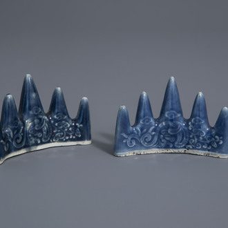 A pair of Chinese monochrome blue brush rests with underglaze design, 19th/20th C.