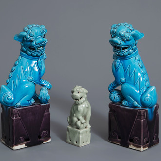 A pair of Chinese turquoise glazed models of Buddhist lions and one celadon example, 19th/20th C.