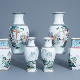 Three pairs of Chinese famille rose vases, 20th C.