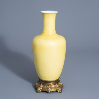 A Chinese bronze mounted monochrome yellow vase, 19th/20th C.