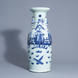 A Chinese blue and white celadon ground 'Immortals' vase, 19th C.