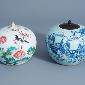 Two Chinese qianjiang cai and blue and white on celadon ground jars and covers with different designs, 19th/20th C.