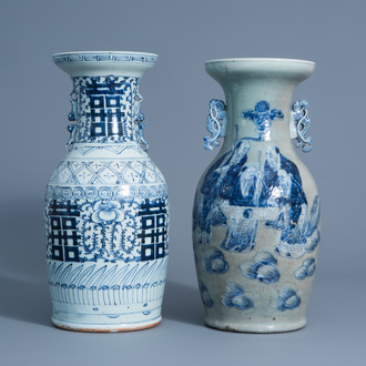 A Chinese blue and white celadon ground 'Immortals' vase and a blue and white 'Xi' vase, 19th/20th C.