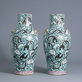 A pair of Chinese turquoise ground dragon vases, 19th C.