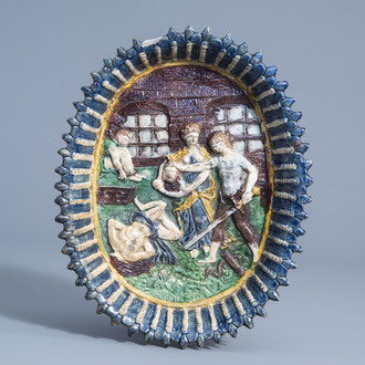 An oval Palissy style dish depicting 'The decapitation of Holofernes', France, 17th C.