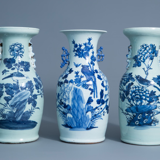 Three Chinese blue and white celadon vases with birds on a branch, 19th C.