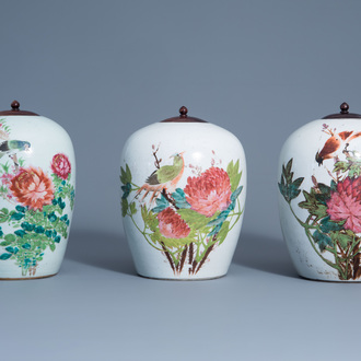 Three Chinese qianjiang cai jars with birds among flowering branches, 19th/20th C.