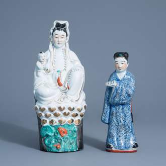 A Chinese porcelain figure of Guanyin and one of a scholar, Republic, 20th C.