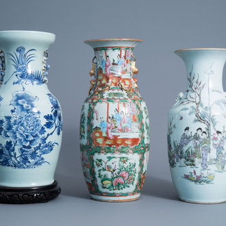 Three various Chinese famille rose and blue and white vases, 19th/20th C.