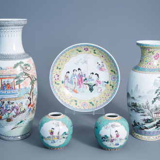 Two various Chinese famille rose vases, a charger and two jars, 20th C.