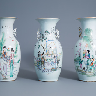 Three Chinese famille rose vases with figures in a garden, 19th/20th C.