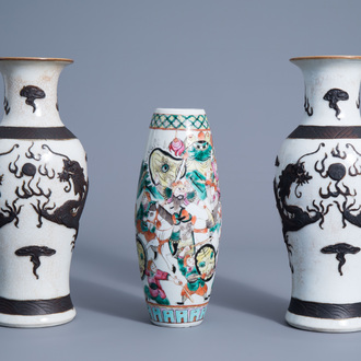 A pair of Chinese Nanking crackle glazed vases with a dragon and a famille rose vase with a warrior scene, 19th C.