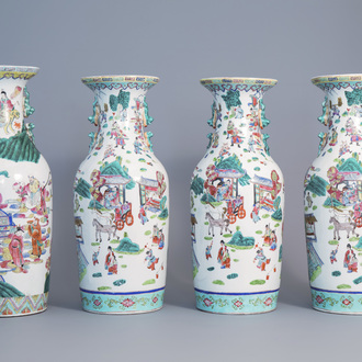 Four Chinese famille rose vases with figurative design all around, 20th C.