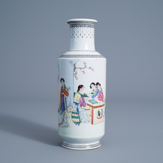 A Chinese famille rose rouleau vase with ladies in a garden, 20th C.