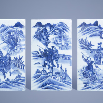 Three rectangular Chinese blue and white plaques with figures in a landscape, 19th C.