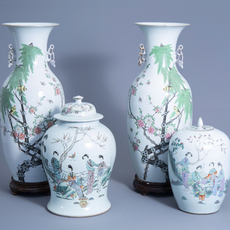 A pair of Chinese qianjiang cai vases with birds on blossoming branches and a vase and cover and ginger jar with ladies in a garden, 19th/20th C.