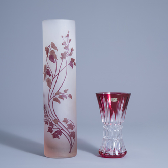 A glass paste vase with floral design and a partly coloured overlay crystal cut vase, Meisenthal workshop and Val Saint Lambert, 20th C.