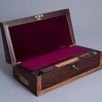 An English Victorian mahogany brass mounted writing box, 19th C.