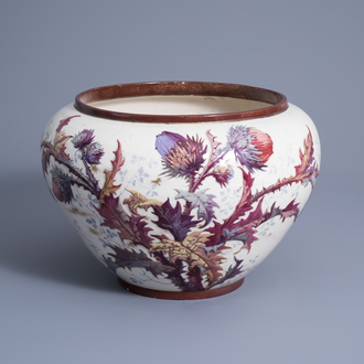 A French polychrome and gilt decorated slip jardinière with floral design, mark E.G. (Edouard Gilles, 1868-1895), 19th C.