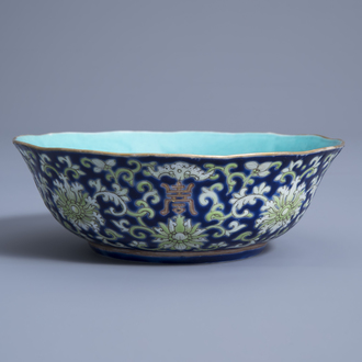 A Chinese blue ground lobed bowl with floral design, Daoguang mark and of the period