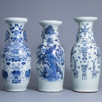Three various Chinese blue and white and celadon ground vases, 19th C.