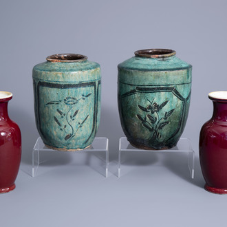 A pair of Chinese monochrome sang de boeuf vases and a pair of turquoise jars with floral design, 19th/20th C.