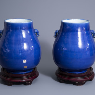 A pair of Chinese monochrome blue 'hu' vases, 19th C.