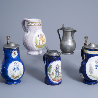 Four various Brussels polychrome faience jugs and a Lille pewter jug, mainly 19th C.