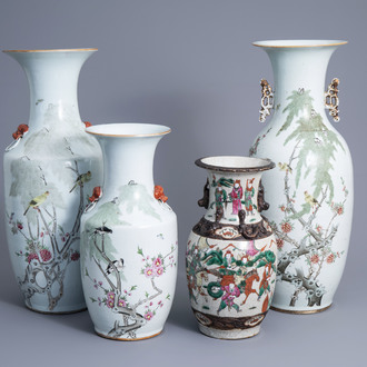 Three Chinese qianjiang cai vases with birds among blossoming branches and a Nanking crackle glazed famille rose vase, 19th/20th C.