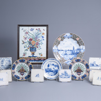 A tile mural, four dishes and twelve tiles in polychrome and blue and white Dutch Delftware, 17th/19th C.