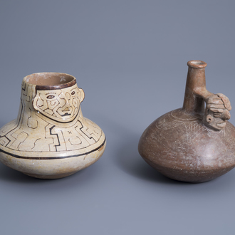 A Peruvian shipibo-conibo storage jar and a whistling jar, 19th/20th C.