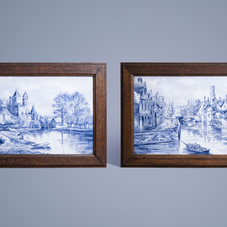 M. Fiers (19th/20th C.): Two rectangular blue and white Delft style plaques with views of Bruges, dated 1898
