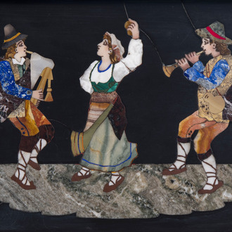 A pietra dura plaque with musicians and a dancer in traditional dress, probably Italy, 19th/20th C.