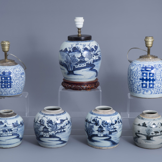 Seven Chinese blue and white jars, three with lamp mounts, 19th/20th C.