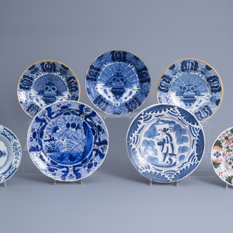 Seven various Dutch Delft blue, white and polychrome dishes, 18th C.