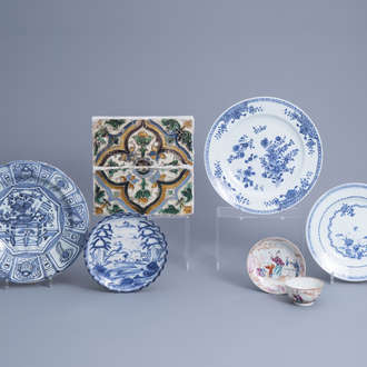 Four blue and white Dutch Delft and Chinese plates, a pair of Spanish tiles and a famille rose cup and saucer, 17th/18th C.