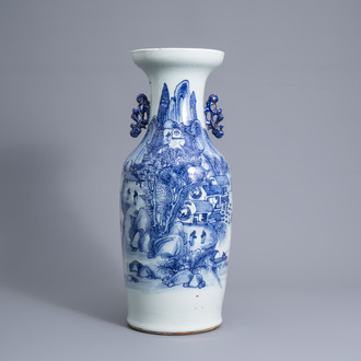 A Chinese blue and white celadon ground 'landscape' vase, 19th C.