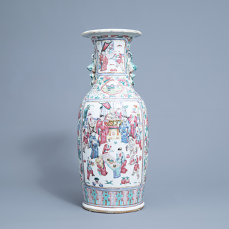 A Chinese famille rose vase with figurative and floral design, 19th C.