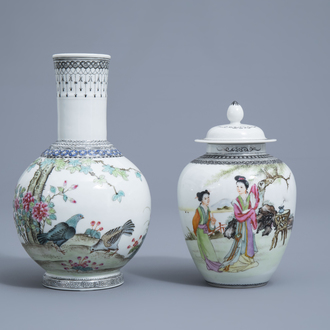 A Chinese famille rose vase with pigeons among blossoming branches and a vase and cover with ladies in a landscape, Republic, 20th C.