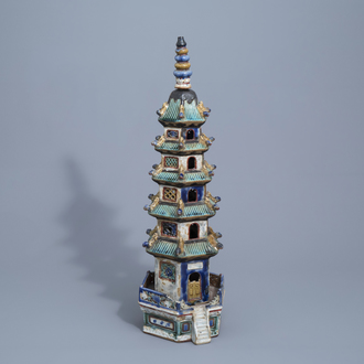 A Chinese three-piece glazed pottery pagoda, 19th C.