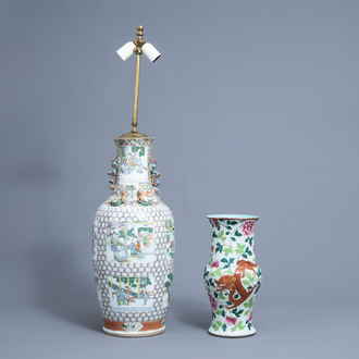 A Chinese famille verte vase mounted as a lamp and a famille rose yenyen 'dragon and phoenix' vase, 19th/20th C.