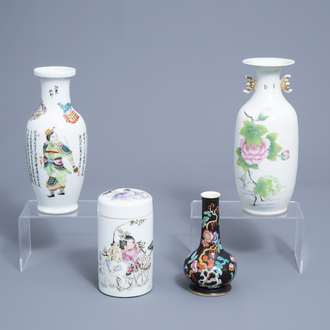 Three various Chinese famille rose vases and a jar and cover with figures in a landscape, 19th/20th C.