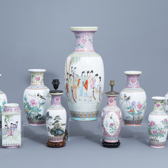 A varied collection of nine Chinese famille rose vases, 20th C.