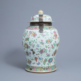 A large Chinese Canton famille rose vase and cover with antiquities, 19th C.