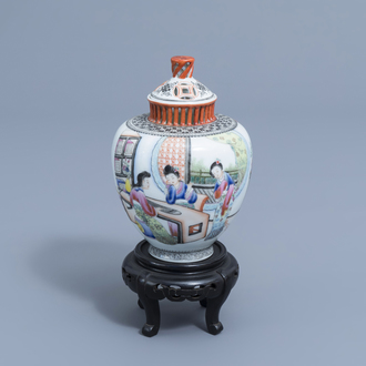A Chinese famille rose vase and cover with ladies playing music, Qianlong mark, Republic, 20th C.
