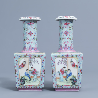 A pair of square Chinese famille rose bottle shaped vases with ladies enjoying life, Qianlong mark, 20th C.